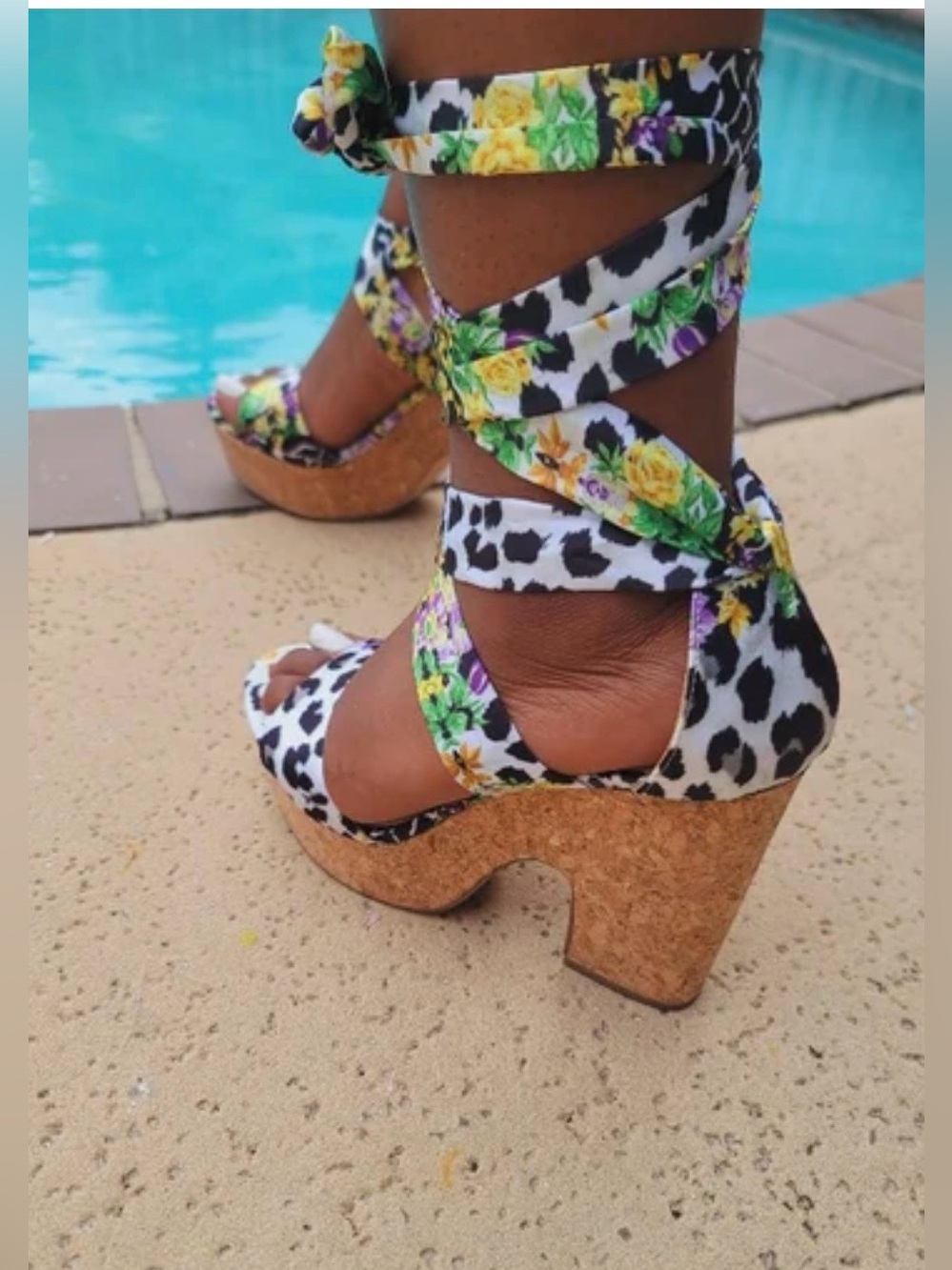 Shoe Dazzle Floral Leopard Cork Platform Sandals - Black, White & Yellow